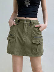 Army Green Pockets Zipper Denim Skirt