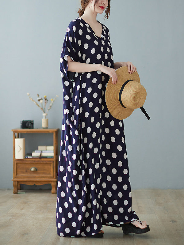 Urban Loose Batwing Sleeves Polka-Dot Printed A-Line Maxi Dress