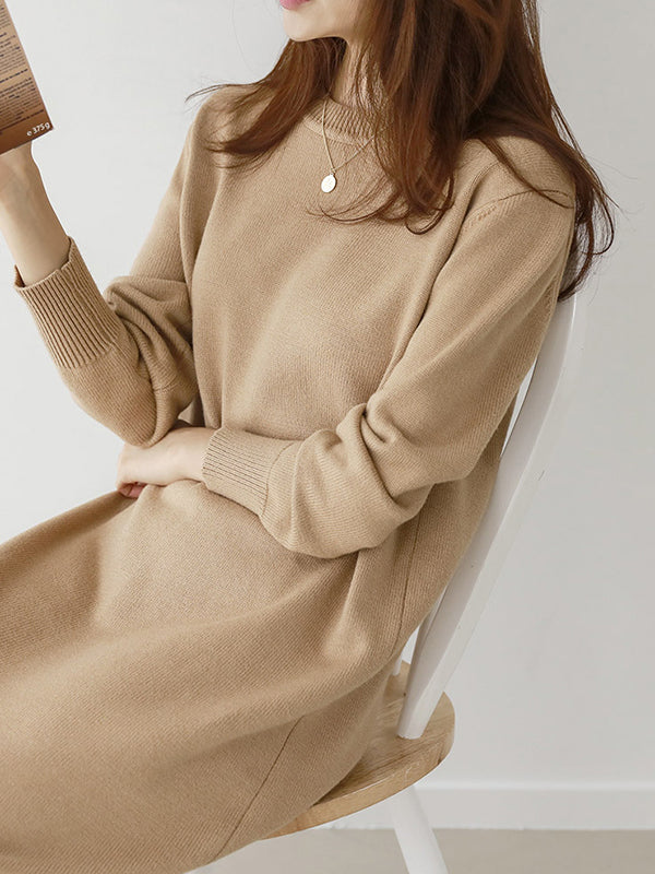 Urban Long Sleeves Loose Split-Side Solid Color Round-Neck Sweater Dresses