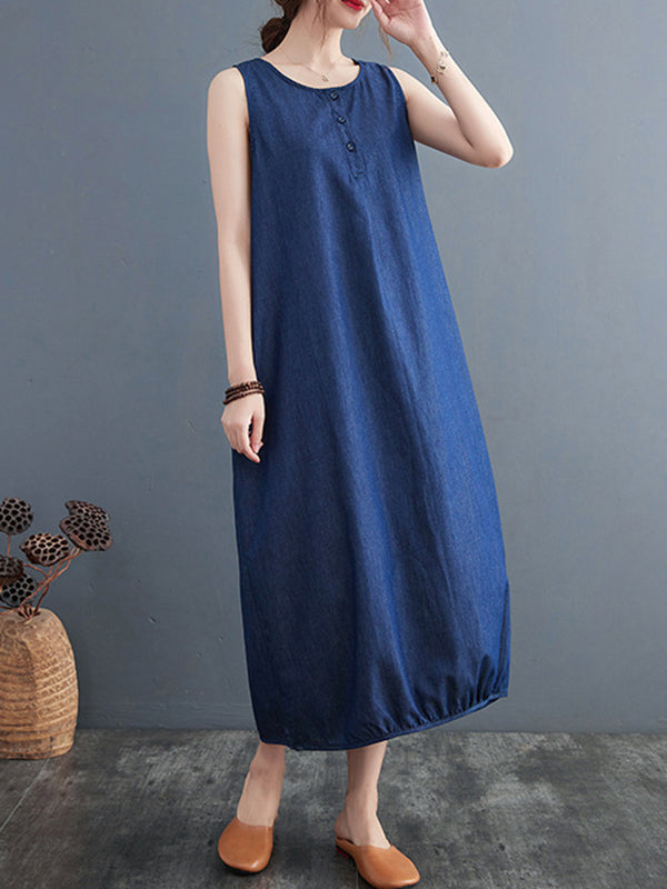 Buttoned Pleated Solid Color A-Line Loose Round-Neck Midi Dresses