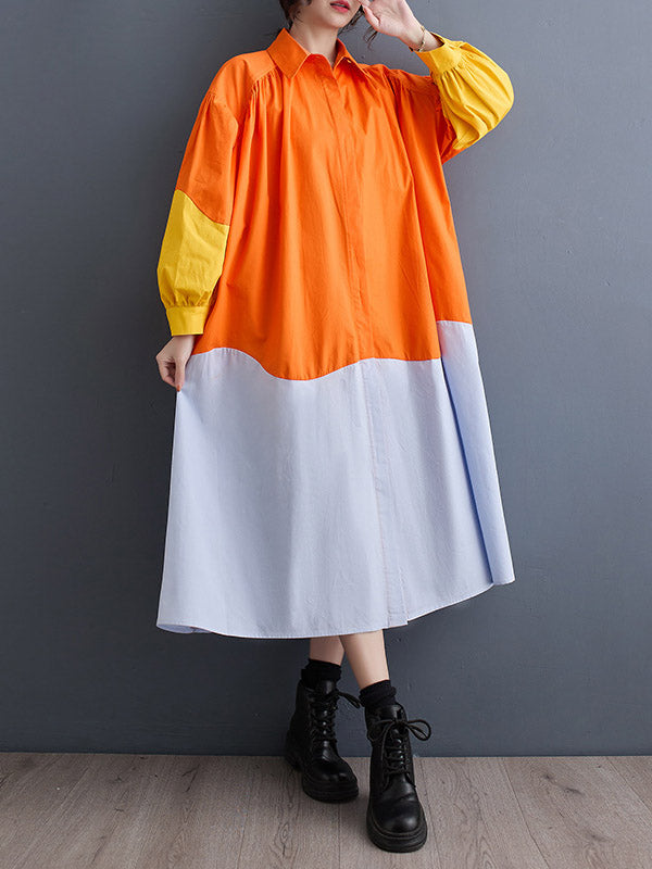 Contrast Color Pleated Split-Joint Loose Puff Sleeves Lapel Shirt Dress Midi Dresses