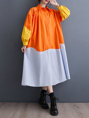 Contrast Color Pleated Split-Joint Loose Puff Sleeves Lapel Shirt Dress Midi Dresses