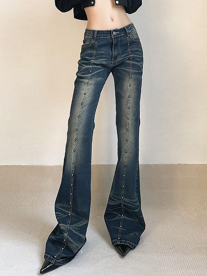 Low Rise Studded Slim-Fit Washed Boot-Cut Jeans