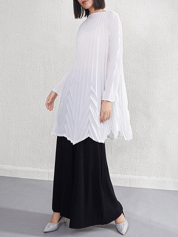 Pleated Solid Color A-Line Long Sleeves Round-Neck Mini Dresses