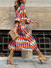 Contrast Color Elasticity Pleated A-Line Long Sleeves Stand Collar Midi Dresses