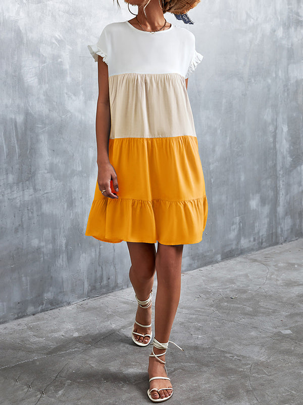 Contrast Color Falbala Pleated Split-Joint Loose Ruffle Sleeves Round-Neck Mini Dresses