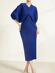 Pleated Solid Color Batwing Sleeves Three-Quarter Sleeves V-Neck Midi Dresses