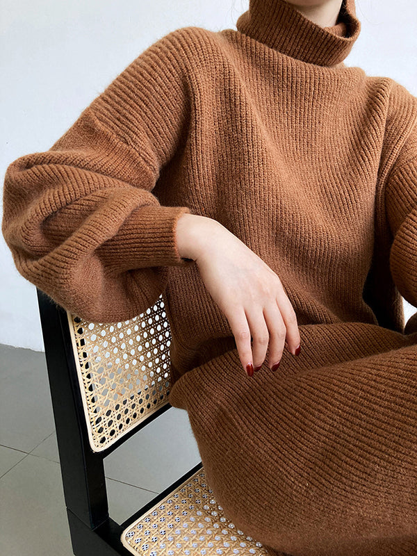 Urban Loose Puff Sleeves Solid Color High-Neck Sweater Dresses