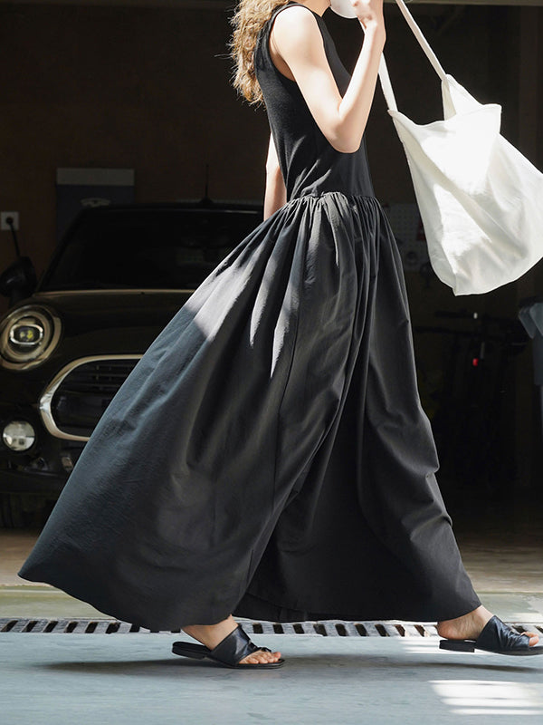 Pleated Solid Color Split-Joint Loose Sleeveless Round-Neck Maxi Dresses