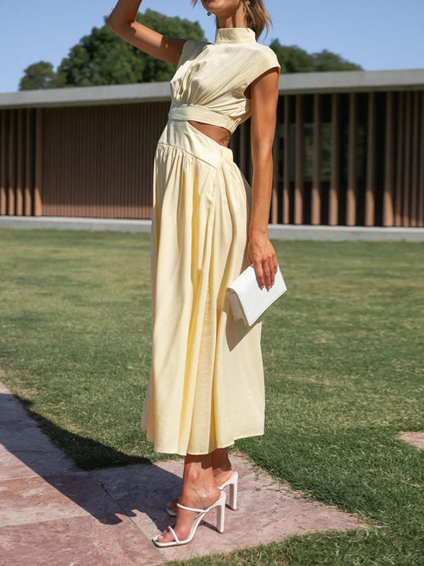 Belly-Hollow Pleated Solid Color Cap Sleeve Stand Collar Maxi Dresses