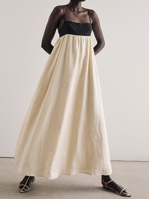 Contrast Color Pleated Split-Joint A-Line Loose Spaghetti-Neck Maxi Dresses