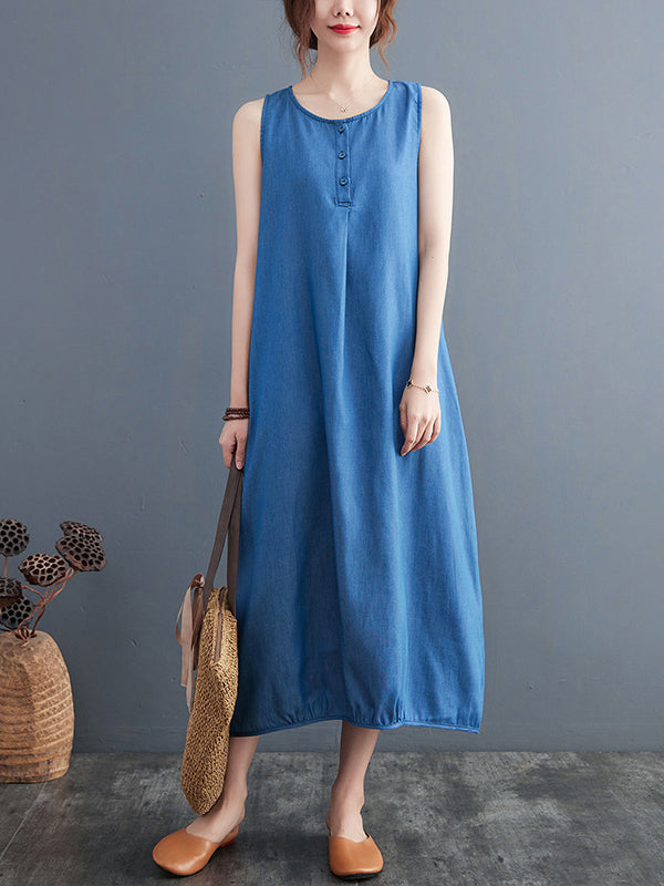 Buttoned Pleated Solid Color A-Line Loose Round-Neck Midi Dresses