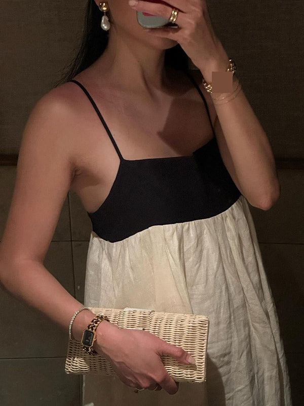 Contrast Color Pleated Split-Joint A-Line Loose Spaghetti-Neck Maxi Dresses