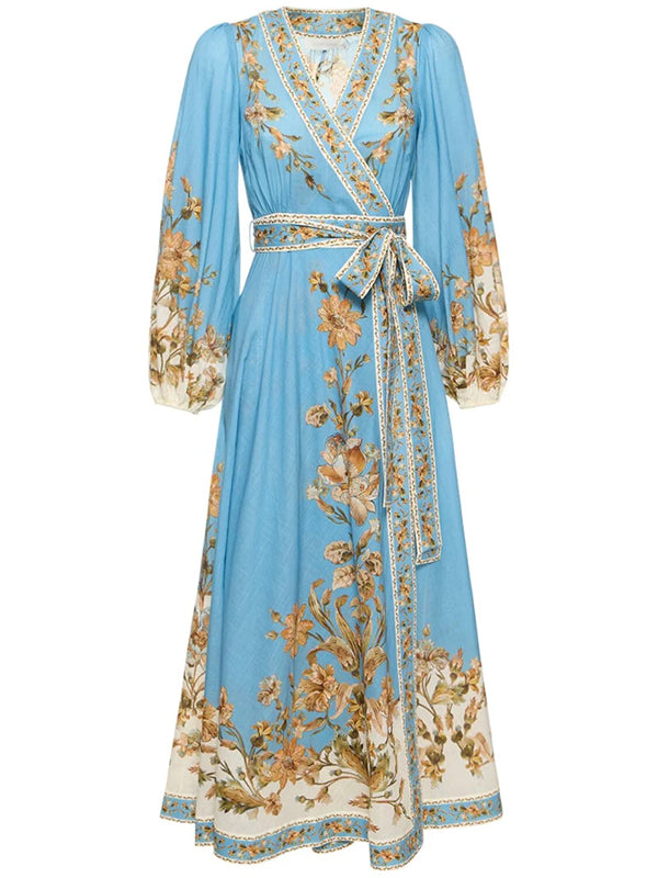 Flower Print Patchwork Bandage V-Neck Maxi Dresses