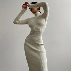 Emma Long Sleeve High Neck Knitted Midi Dress