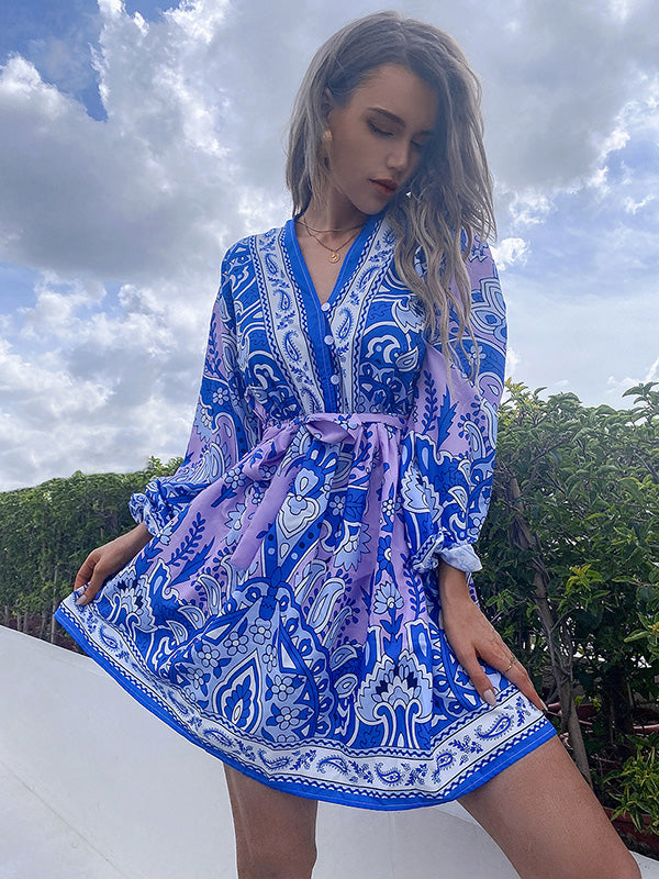 Bohemia A-Line Floral Printed V-Neck Dress