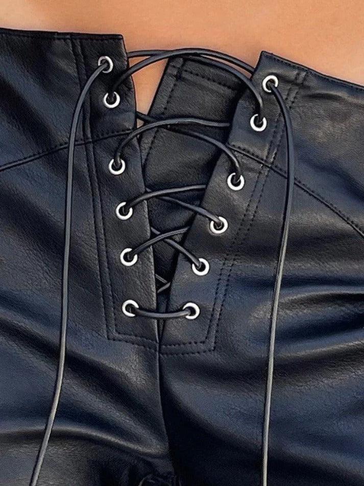 Tie Front Split Pu Leather Pants