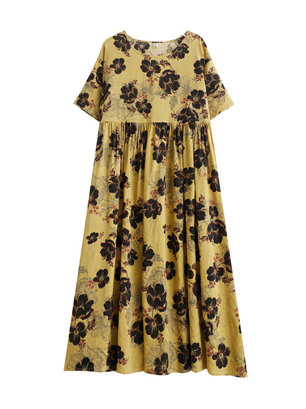 Pleated Printed Split-Joint Loose Short Sleeves Round-Neck Midi Dresses