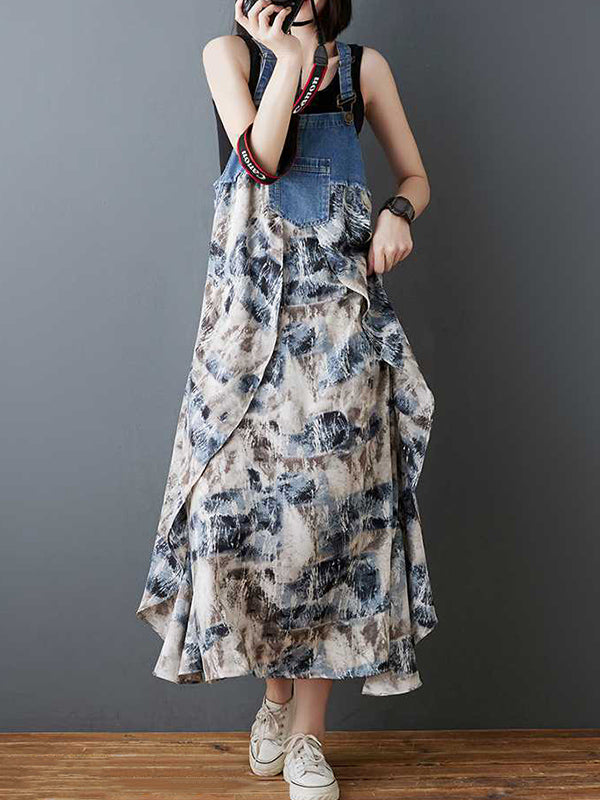 Flower Print Pockets Split-Joint Loose Plus Size Spaghetti-Neck Suspender Dress Maxi Dresses