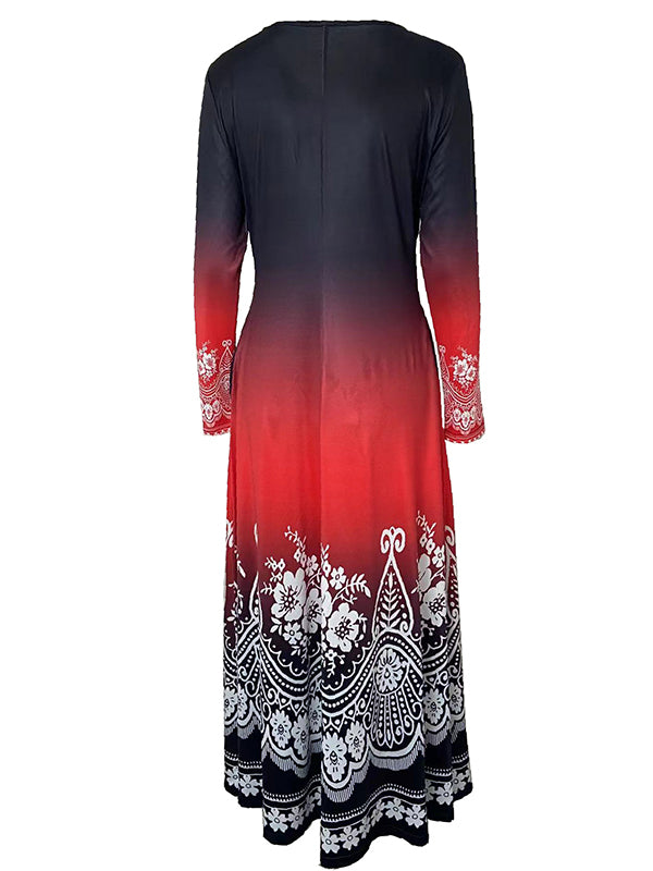 Contrast Color Floral Printed Long Sleeves Round-neck Maxi Dresses