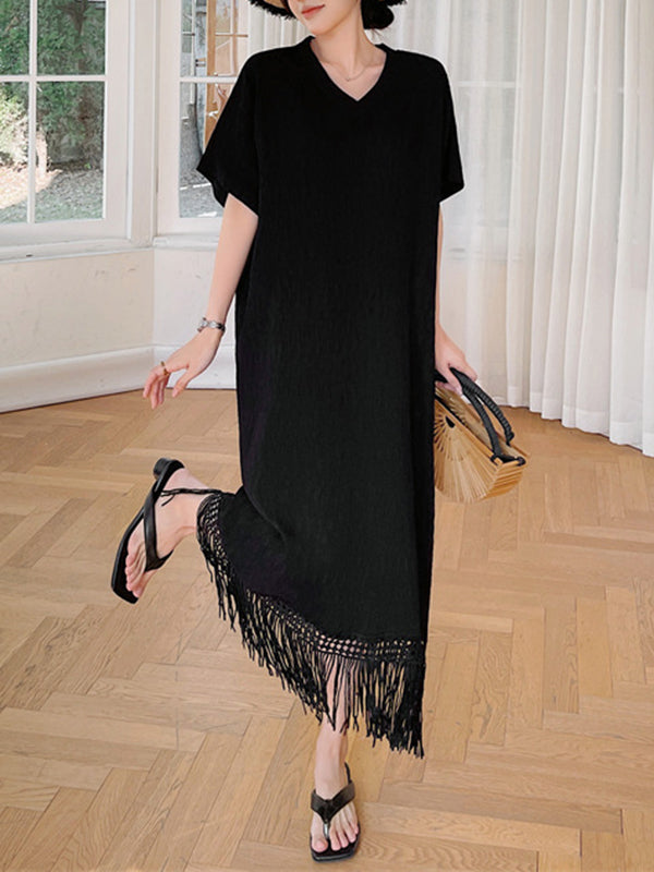 Solid Color Split-Joint Tasseled Loose Short Sleeves V-Neck Midi Dresses