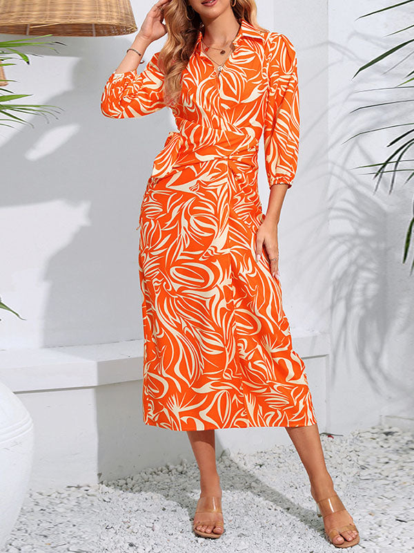 Elasticity Printed Tied Waist A-Line High Waisted Lapel Shirt Dress Midi Dresses