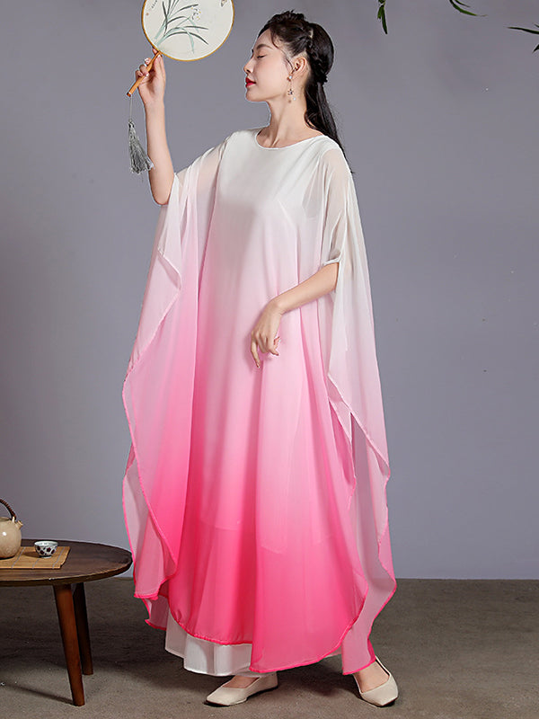 Artistic Retro Half Sleeves Loose Gradient Round-Neck Maxi Dresses