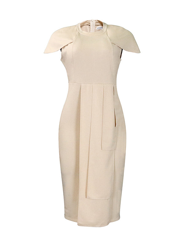 Pleated Solid Color Split-back Split-front Split-Joint Short Sleeves Skinny Round-neck Midi Dresses