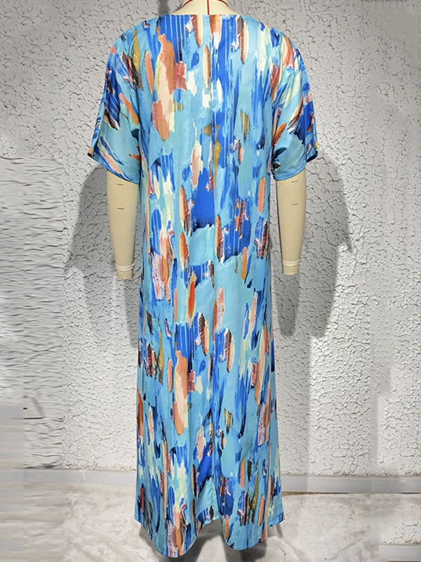 Multi-Colored Printed Loose Short Sleeves V-neck Maxi Dresses