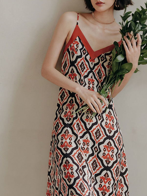 Vacation H-Line Floral Printed V-Neck Dress
