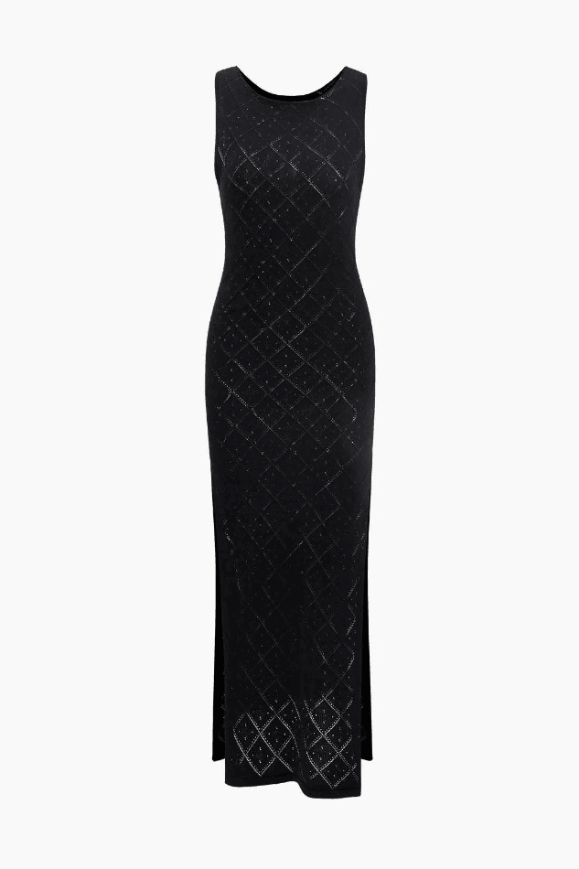 Diamond Crochet Knit Slit Sleeveless Dress