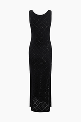 Diamond Crochet Knit Slit Sleeveless Dress