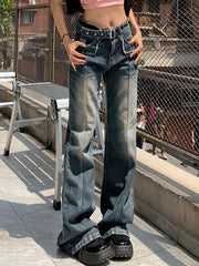 Distressed Burr Waist Buckle Design Boyfriend Jeans