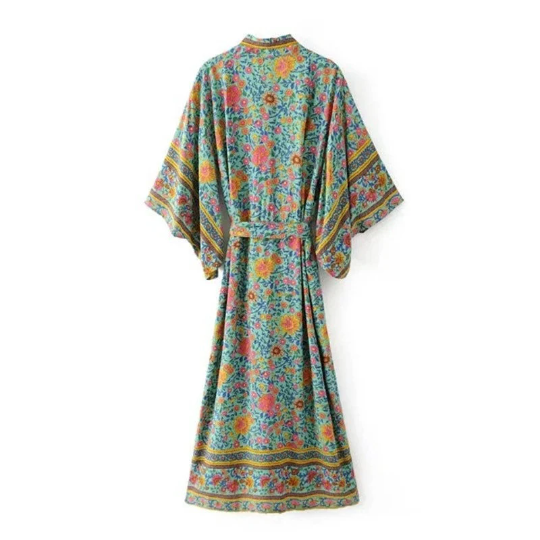 Green Floral Print Kimono Robe