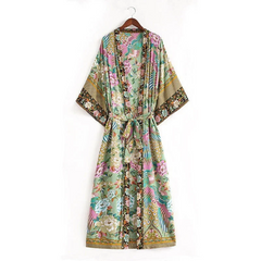 Green Floral Print Kimono With Brown Lapel