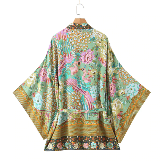 Green Floral Print Kimono With Brown Lapel
