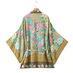 Green Floral Print Kimono With Brown Lapel