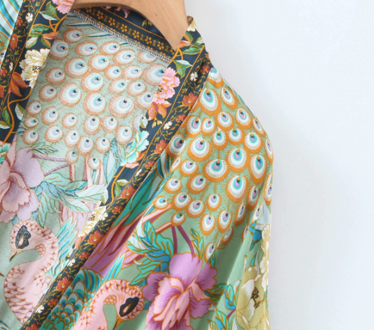 Green Floral Print Kimono With Brown Lapel