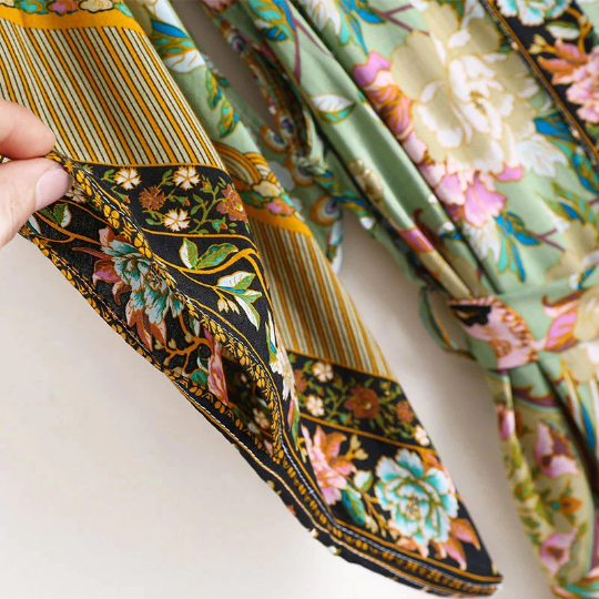 Green Floral Print Kimono With Brown Lapel
