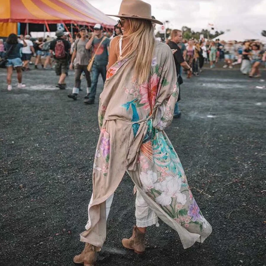 Blush Boho Floral Print Kimono Robe with Tie Waist