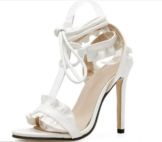 White Open Toe Ankle Ruffle Strap Sandals