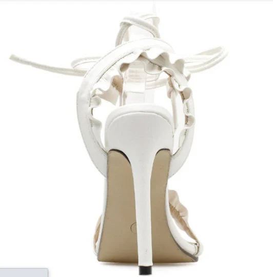 White Open Toe Ankle Ruffle Strap Sandals