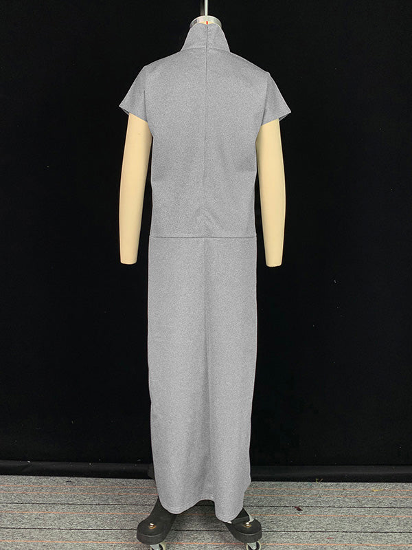 Solid Color Split-Joint Loose Short Sleeves High Neck Maxi Dresses