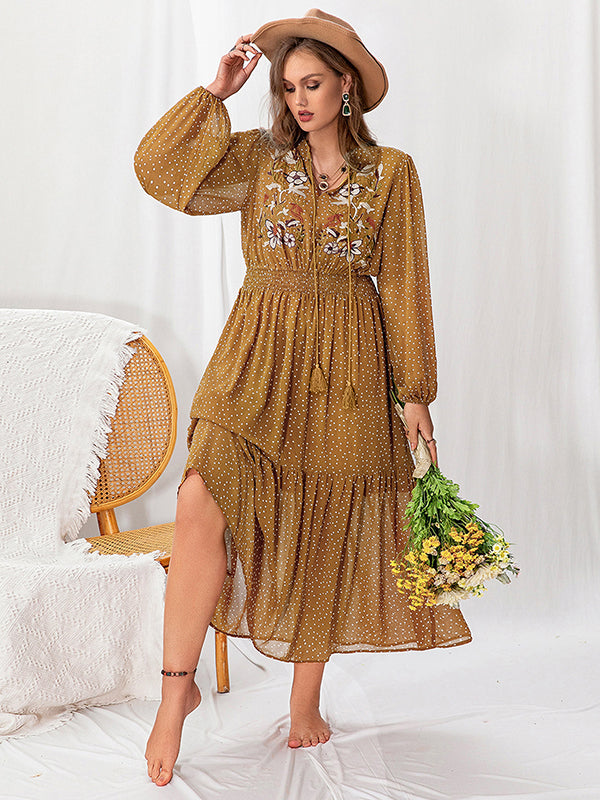 Vacation Puff Sleeves A-Line Printing Deep V-Neck Bohemia Dresses