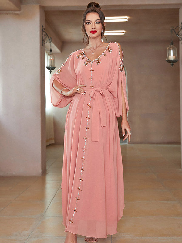 Vacation Loose Solid Color V-Neck Dress