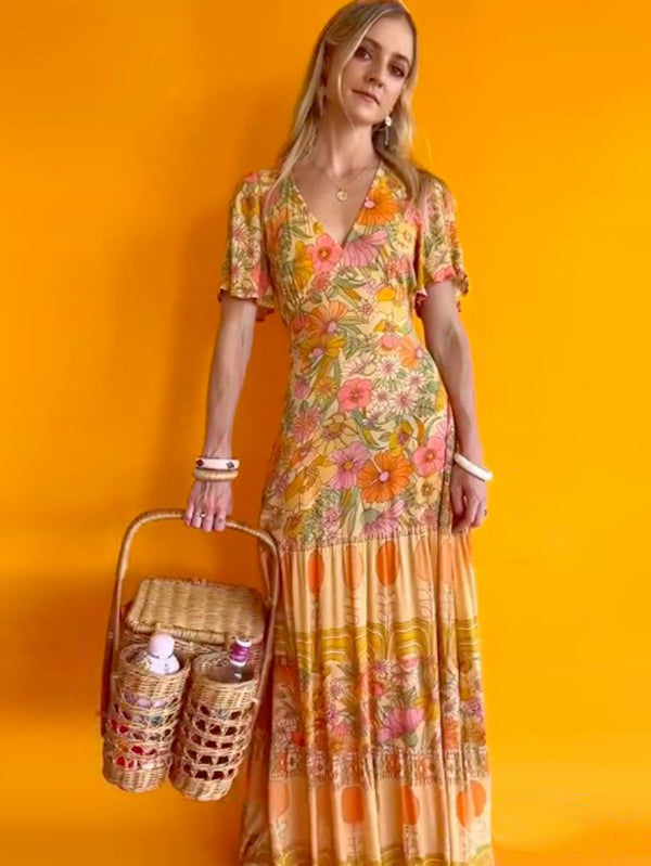Bohemia Half Sleeves Floral Printed Deep V-Neck Maxi Dress