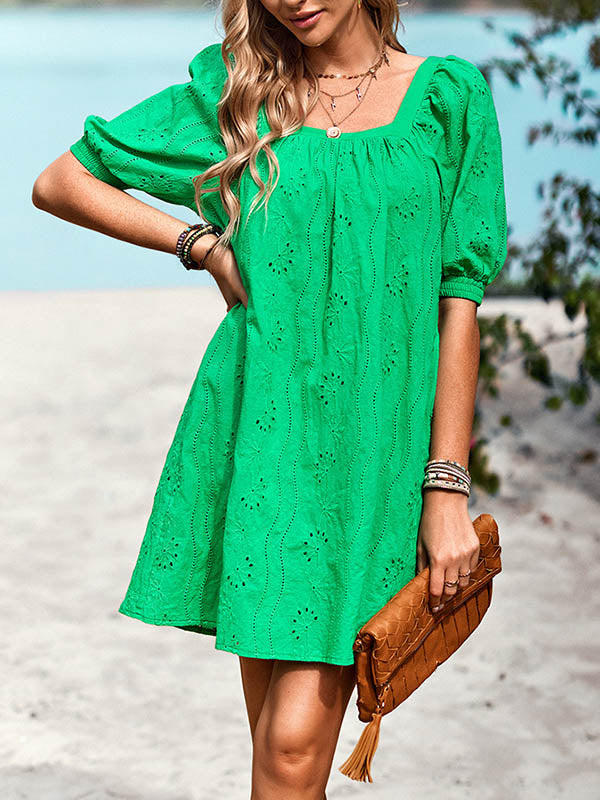 Jacquard Solid Color Loose Puff Sleeves Square-neck Mini Dresses