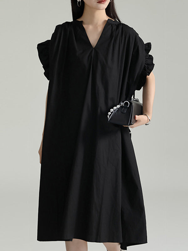 Adjustable Drawstring Pleated Solid Color Loose Raglan Sleeve V-Neck Shirt Dress Midi Dresses