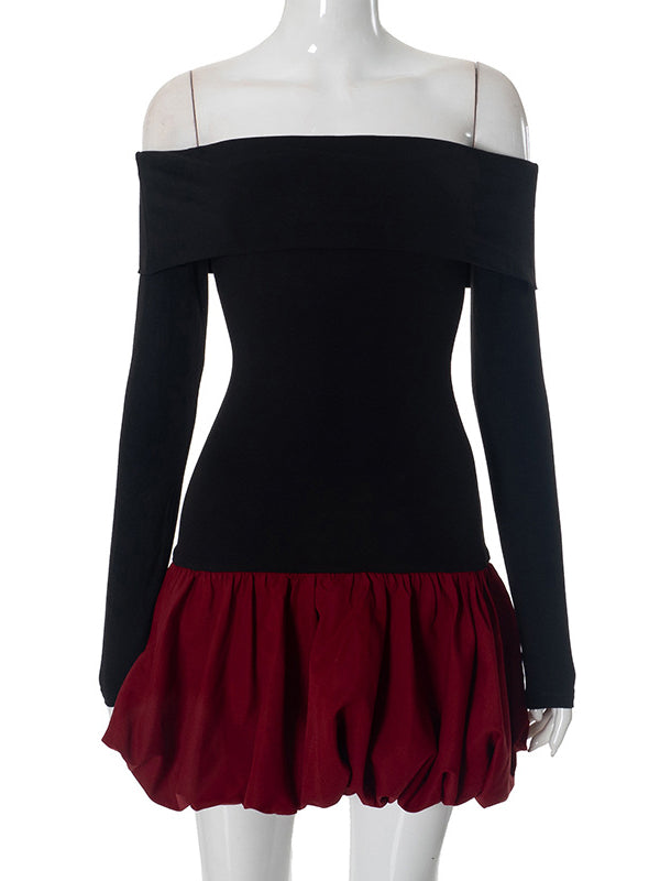 Contrast Color Pleated Split-Joint High Waisted Long Sleeves Off-The-Shoulder Mini Dresses