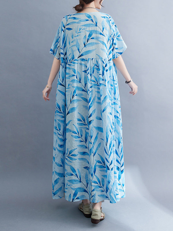 Leaf Pleated Printed Split-Joint Loose Short Sleeves Round-Neck Midi Dresses